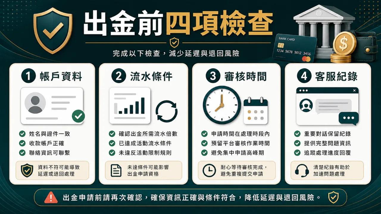 出金前四項檢查 出金前四項檢查圖,包含帳戶資料、流水條件、審核時間與客服紀錄