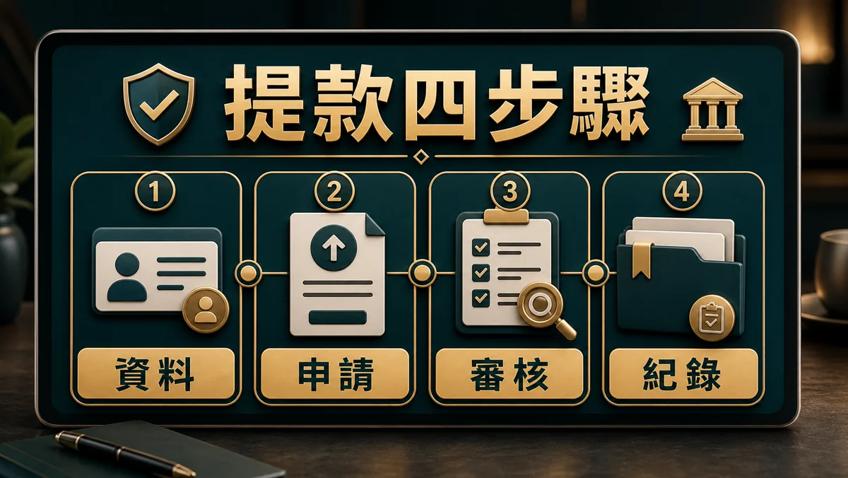 出金申請流程示意圖，文字標示資料確認、提交申請、審核通知、保存紀錄