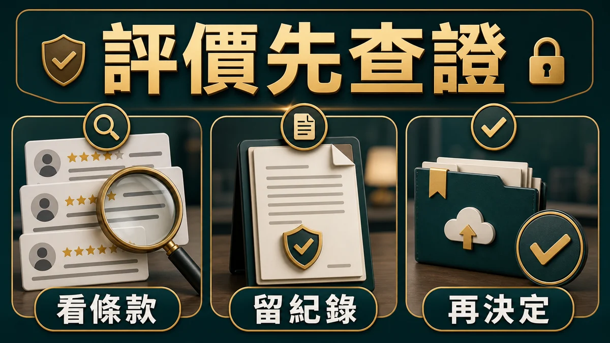 隆亨娛樂城評價查證提醒圖，強調先看條款、保留紀錄再決定，避免只依賴單一評價或片面截圖判斷。