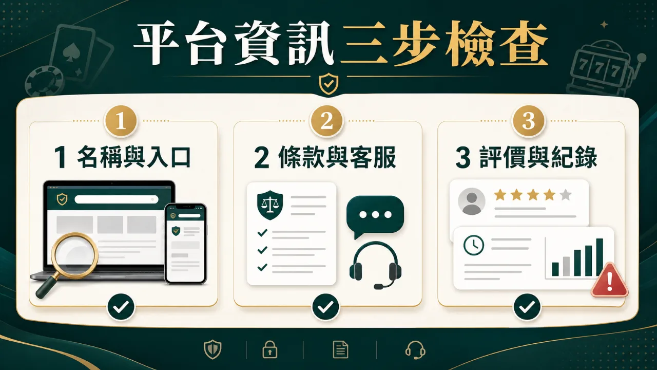 平台資訊三步檢查 平台資訊三步檢查圖,提醒讀者確認名稱入口、條款客服與評價紀錄