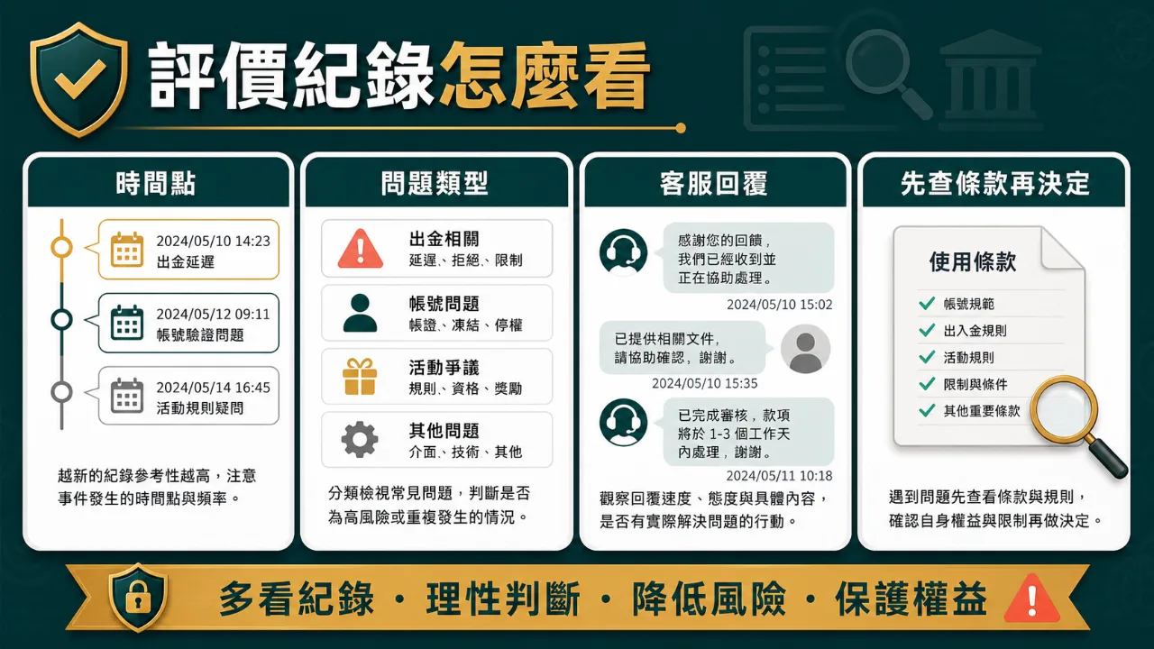 評價紀錄閱讀方式 評價紀錄閱讀方式圖,整理時間點、問題類型與客服回覆