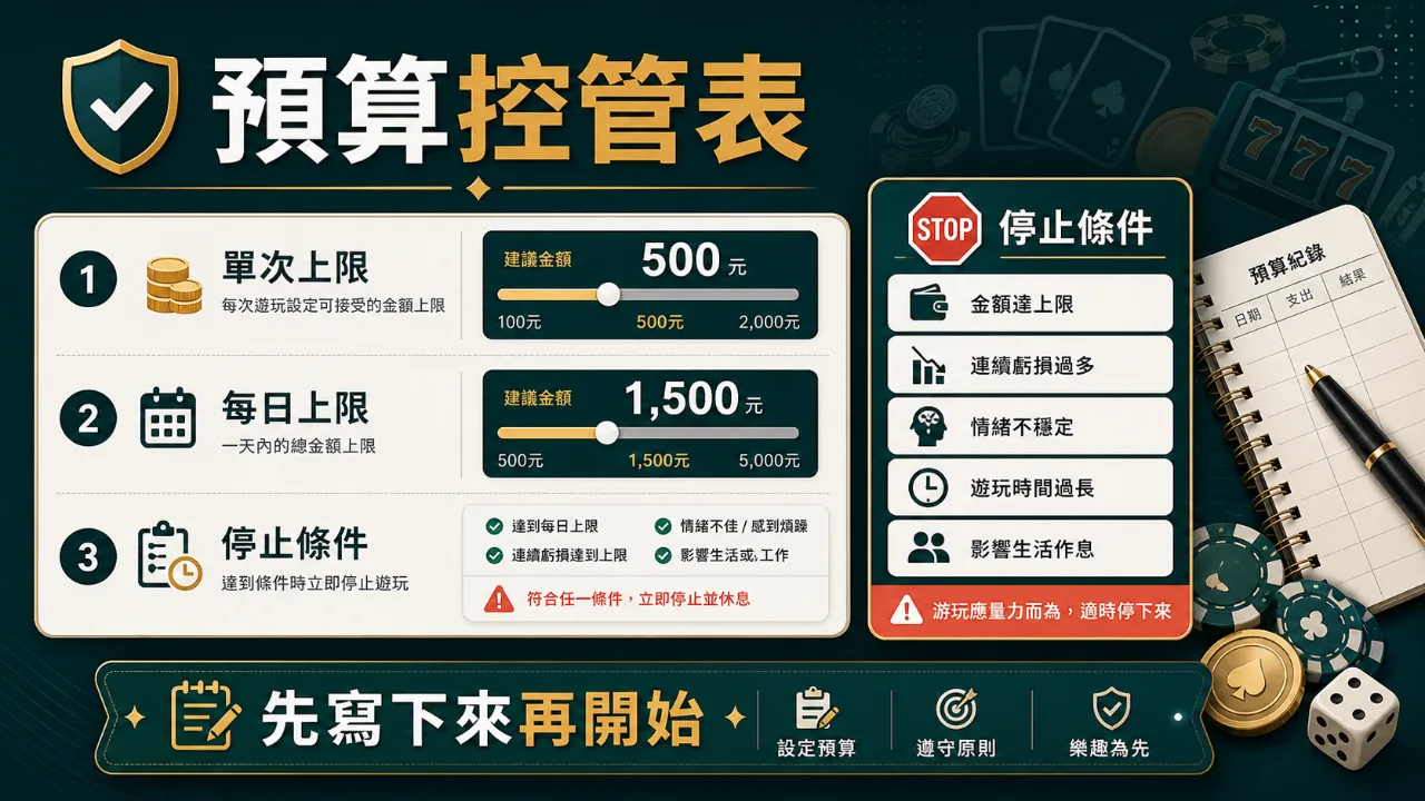 預算控管表 預算控管表圖,包含單次上限、每日上限與停止條件