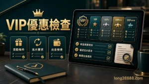 隆亨娛樂城 VIP 優惠檢查封面，圖中文字為 VIP優惠檢查，提醒讀者先確認等級、回饋、流水、期限與出金條件。