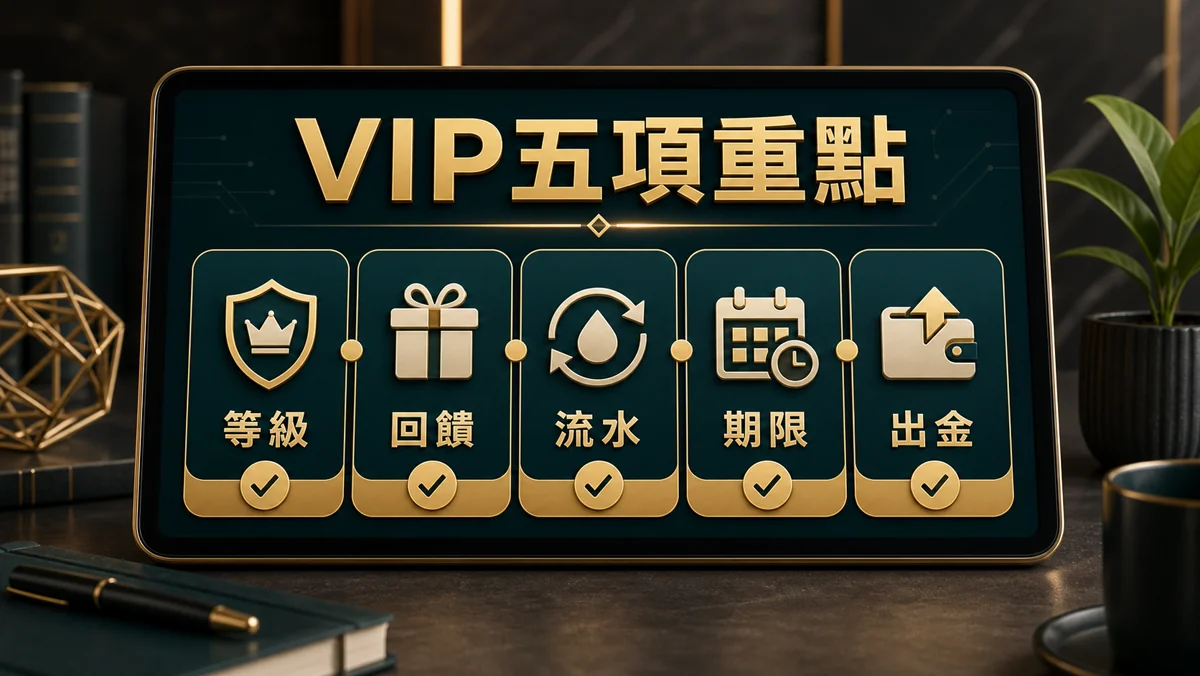 隆亨娛樂城 VIP 五項重點圖，圖中文字包含等級、回饋、流水、期限與出金，協助讀者逐項核對優惠條件。