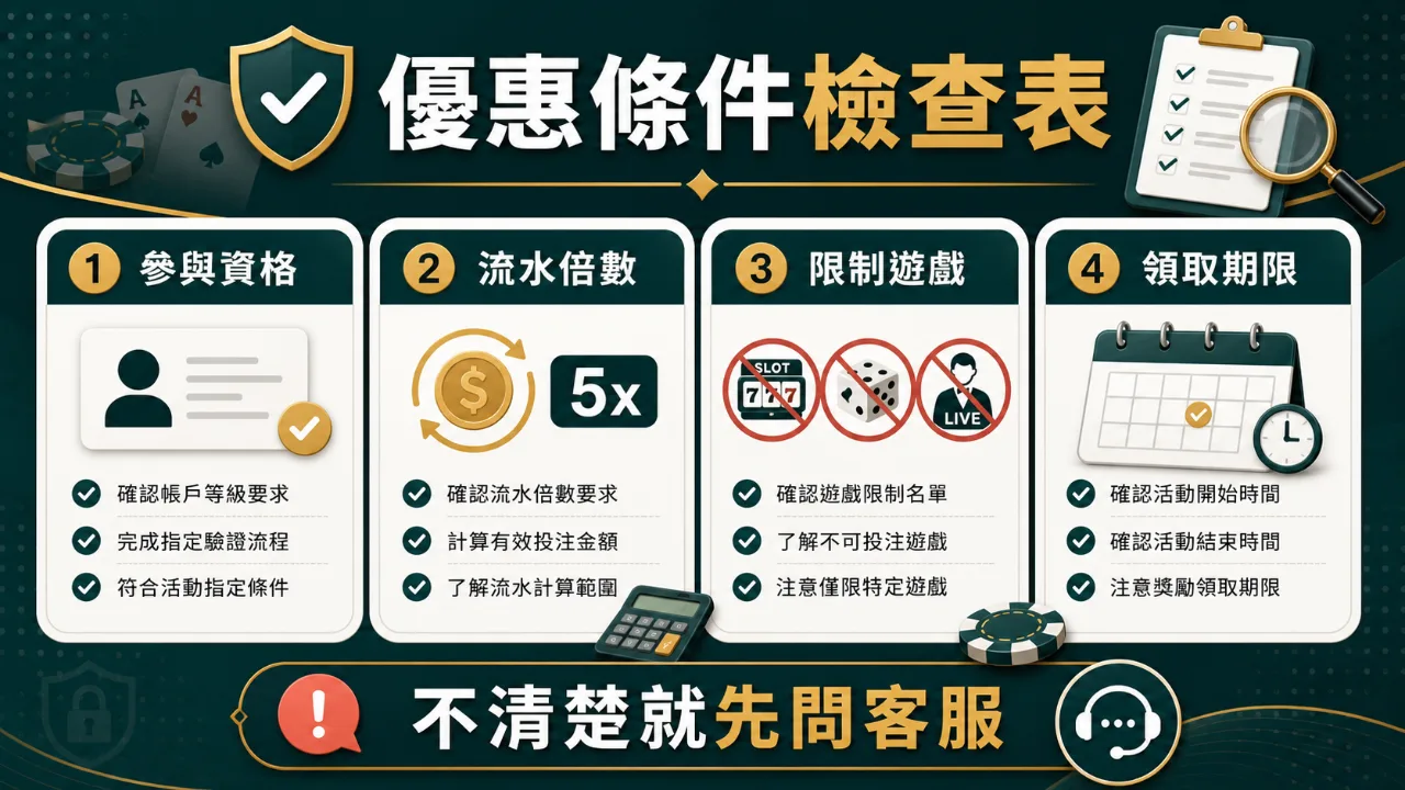 優惠條件檢查表 優惠條件檢查表圖,包含參與資格、流水倍數、限制遊戲與領取期限