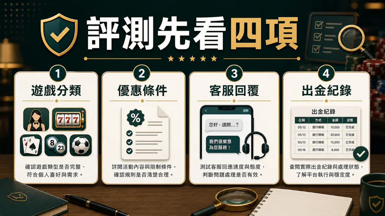 評測先看四項 評測先看四項圖,包含遊戲分類、優惠條件、客服回覆與出金紀錄