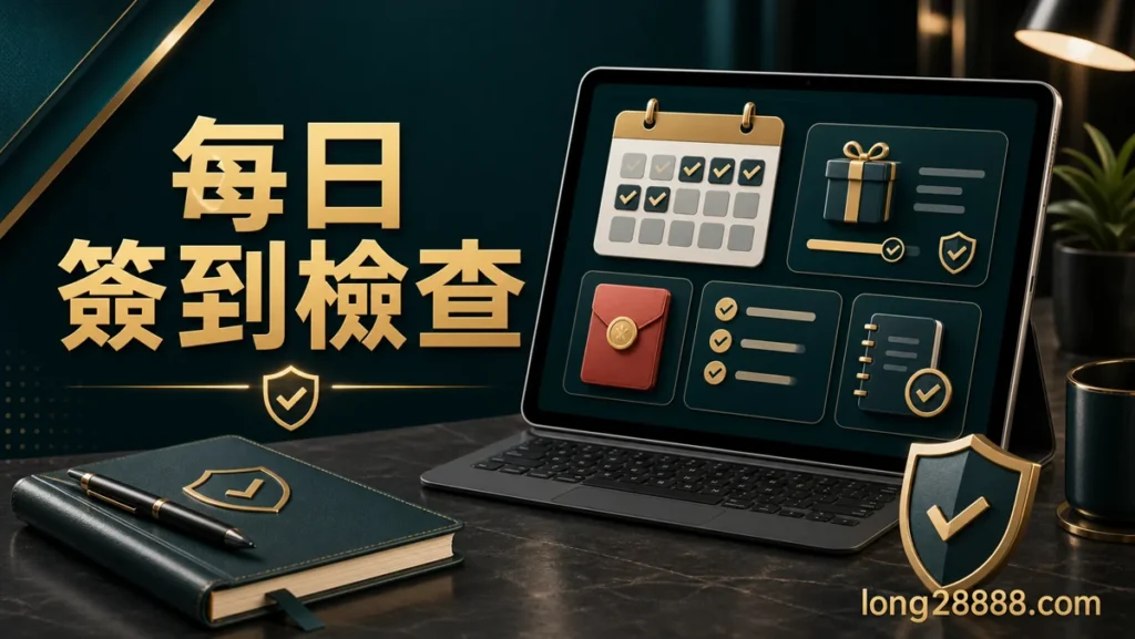 隆亨娛樂城每日簽到指南封面，畫面文字包含每日簽到、紅包條件、紀錄保存與風險提醒