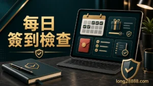 隆亨娛樂城每日簽到指南封面，畫面文字包含每日簽到、紅包條件、紀錄保存與風險提醒