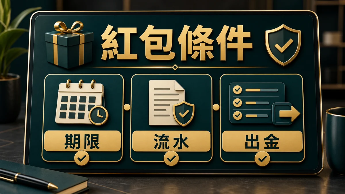紅包條件檢查示意圖，文字標示流水條件、期限、可用遊戲與出金限制