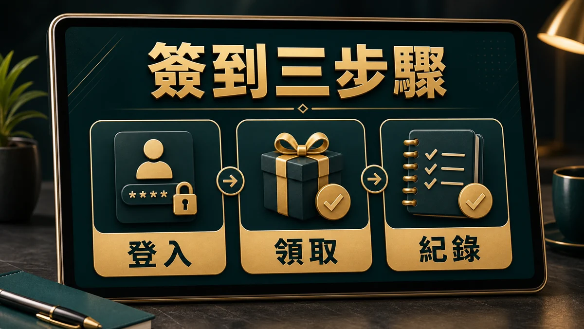 每日簽到領取流程示意圖，文字標示登入、確認資格、領取紅包、保存紀錄