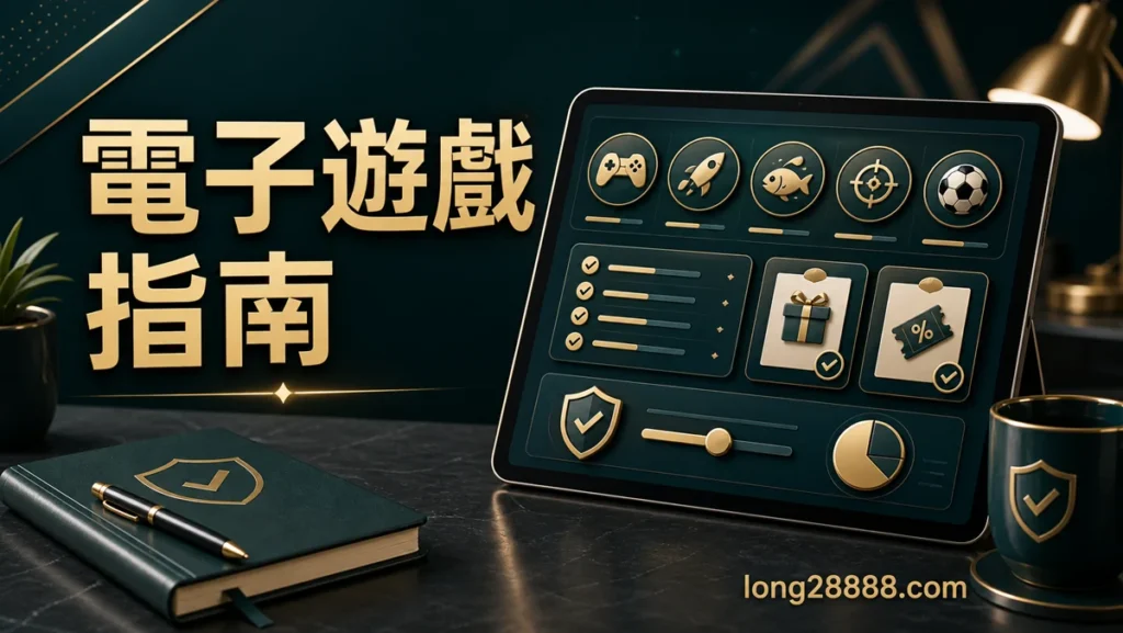 隆亨娛樂城電子遊戲指南封面，畫面文字包含玩法分類、活動條件、預算控管與風險提醒