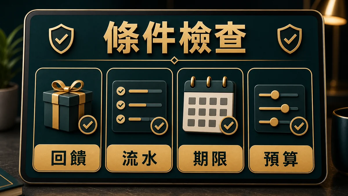 電子遊戲活動條件檢查示意圖，文字標示回饋、流水、期限與預算