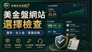 美金盤網站選擇檢查圖,包含匯率、出入金與客服紀錄