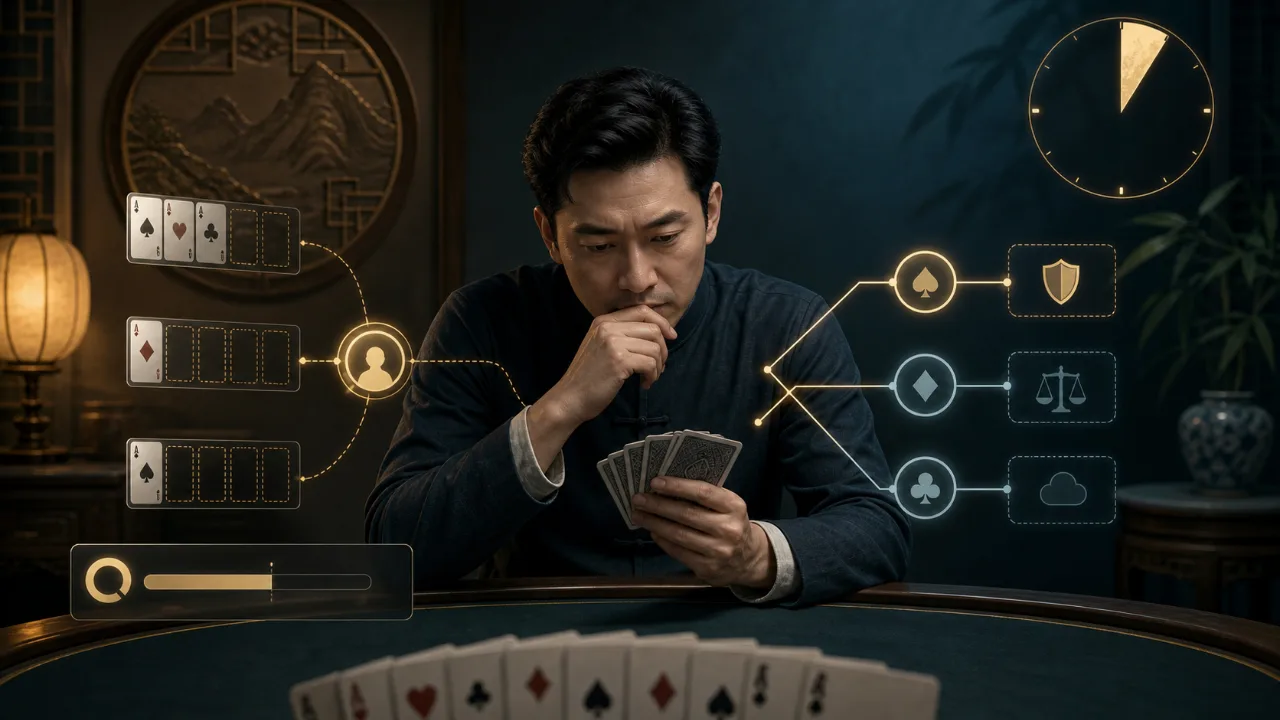 心理判讀與風險 心理判讀與風險圖,以不完整資訊、不同決策分支、時間與預算限制呈現心理判讀有限