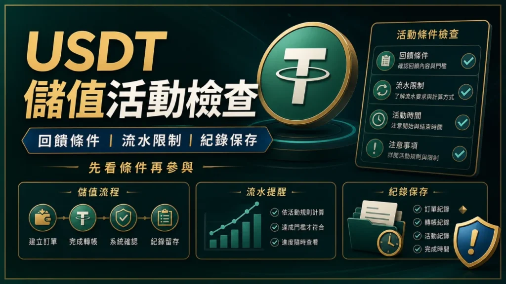 USDT 儲值活動檢查圖，包含回饋條件、流水限制與紀錄保存