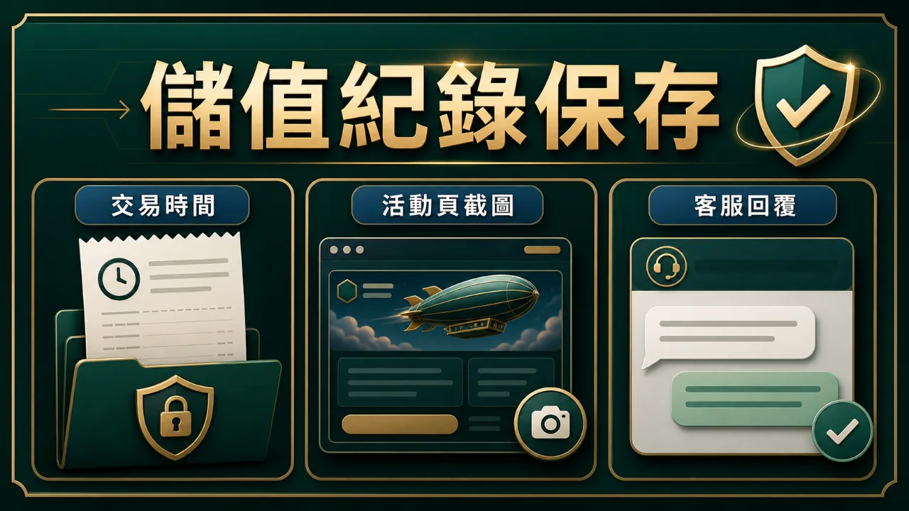 儲值紀錄保存圖，包含交易時間、活動頁截圖與客服回覆
