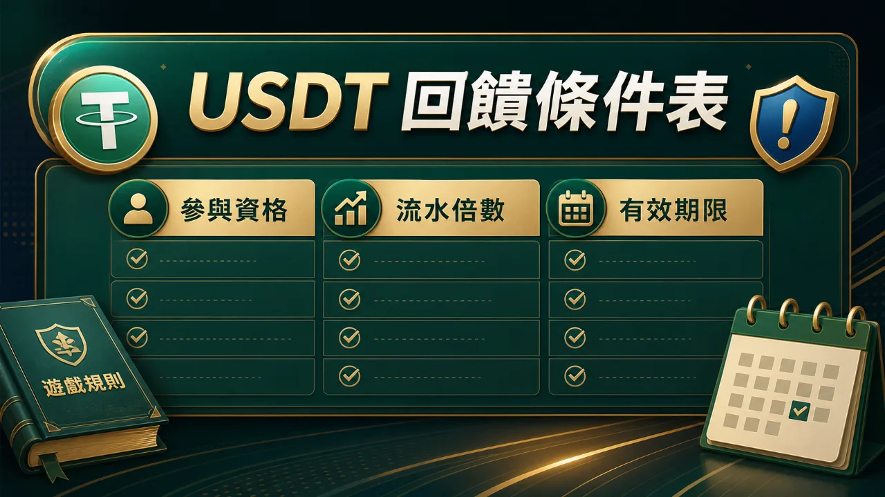 USDT 回饋條件表圖，包含參與資格、流水倍數與有效期限