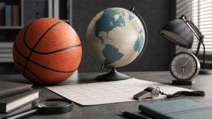 FIBA 籃球賽程查核情境圖，呈現籃球、行事曆與官方資料核對