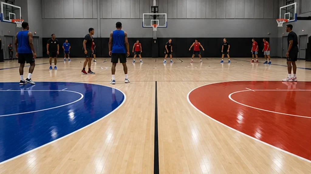 同一球場左右分割呈現 FIBA 與 NBA 尺度差異，不放文字