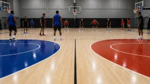 同一球場左右分割呈現 FIBA 與 NBA 尺度差異,不放文字