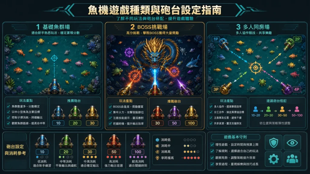 捕魚機遊戲類型與砲台設定示意圖