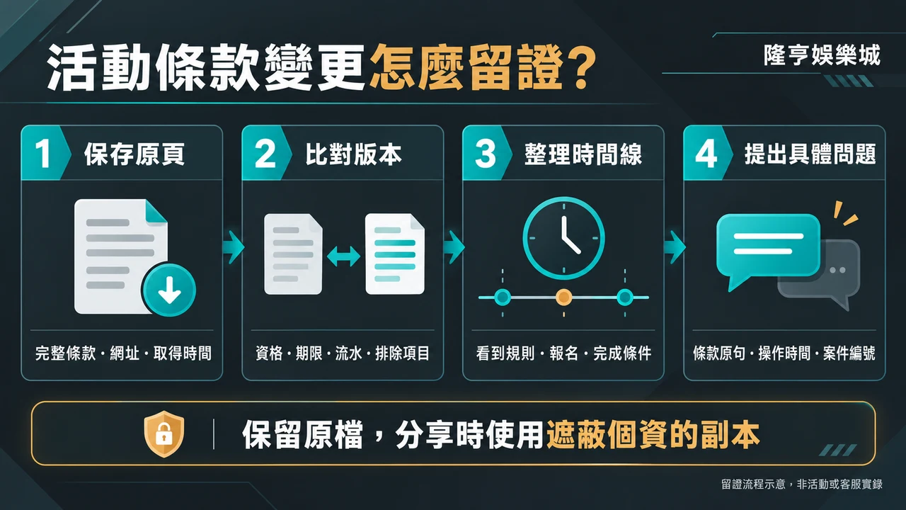 隆亨娛樂城活動條款留證資訊圖:保存原頁、比對版本、整理時間線與提出具體問題