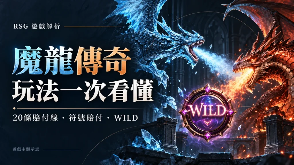 RSG魔龍傳奇玩法主題示意：20條賠付線、符號賠付與WILD